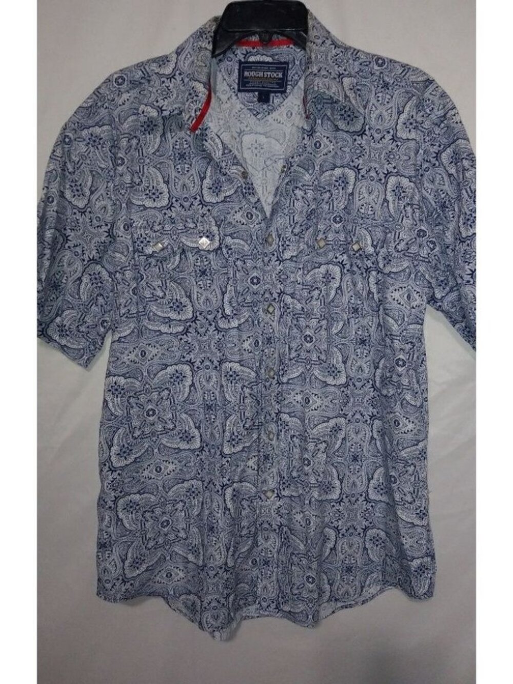 Rough Stock L Cowboy Diamond Pearl Snap Blue White Paisley Western Shirt